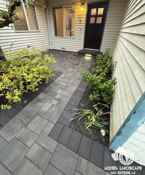 Modern Entry & Driveway Renovation Concrete Drive & Illuminated Paver Walkway